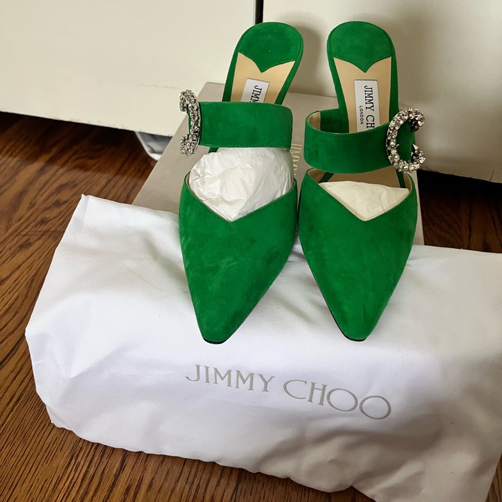Jimmy Choo Vibrant Green Suede Mules with Crystal Buckle